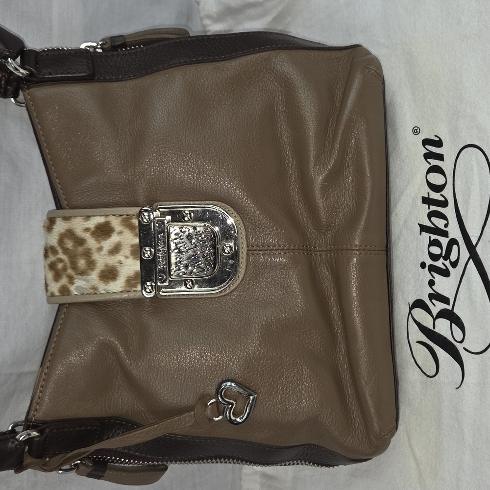BRIGHTON Brown Leather Purse With Animal Print Bag With Woven Shoulder Straps